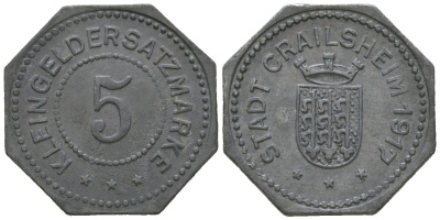 Крайльсхайм (Вюртемберг) 5 пфеннингов 1917 Funck 83.1, Men05 4682.1, Men18 5886.1 цинк 1515-121