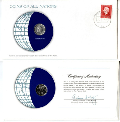 Нидерланды 25 центов 1979 конверт с маркой первого дня гашения, Coins of Nations KM 183 никель UNC 9-1-01-82
