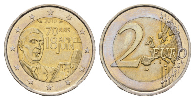 Франция 2 евро 2010 70 лет речи Шарля де Голля «Ко всем французам» KM 1676 биметалл aUNC 4693-1047
