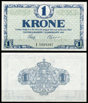Дания 1 крона 1918 серия I Pick 12 d бумага UNC (пресс) 7484-3-1-2