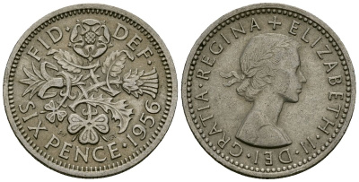 Великобритания 6 пенсов 1956 Елизавета II (1952-2022) KM 903, Spink 4149 медно-никель 4174-213