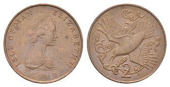 Остров Мэн 2 пенса 1980 птица, Елизавета II (1952-2022) KM 60 бронза 4703-1036
