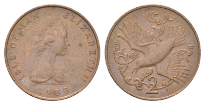 Остров Мэн 2 пенса 1980 птица, Елизавета II (1952-2022) KM 60 бронза 4703-1036