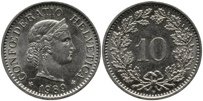 ШВЕЙЦАРИЯ 10 РАППЕНОВ 1989 В KM 27 медно-никель 33-255