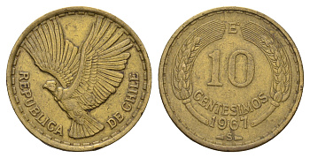 Чили 10 сентесимо 1967 KM 191 алюминиевая бронза 4688-314