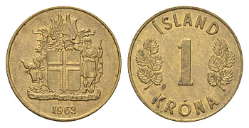Исландия 1 крона 1963 KM 12a никель латунь 4704-255