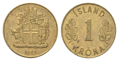 Исландия 1 крона 1963 KM 12a никель латунь 4704-255