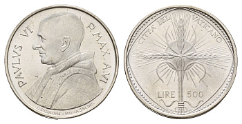 Ватикан 500 лир 1968 MCMLXVIII, год-тип KM 107 серебро UNC 11-134-24