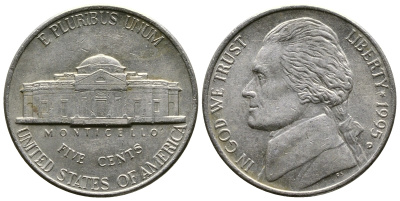 США 5 ЦЕНТОВ 1995 D, ДЖЕФЕРСОН KM А192 медно-никель 37-824