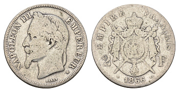 Франция 2 франка 1866 BB, Наполеон III (1852-1870) KM 807.2 серебро 5010-1935