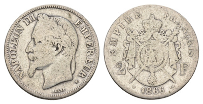 Франция 2 франка 1866 BB, Наполеон III (1852-1870) KM 807.2 серебро 5010-1935
