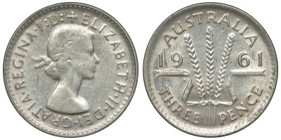 Австралия 3 пенса 1961 m, Елизавета II (1952-2022) KM 57 серебро 71-715