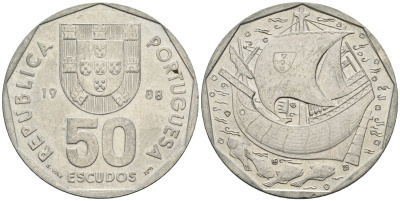 Португалия 50 эскудо 1988 парусник KM 636 медно-никель 4149-114