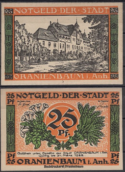 Ораниенбаум 25 пфеннигов 1921 Mehl Grabowski 1024.1-1/8 бумага UNC (пресс) 8613-46-1-2