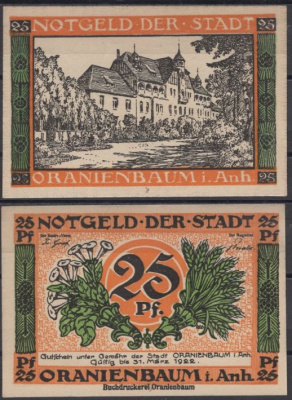 Ораниенбаум 25 пфеннигов 1921 Mehl Grabowski 1024.1-1/8 бумага UNC (пресс) 8613-46-1-2
