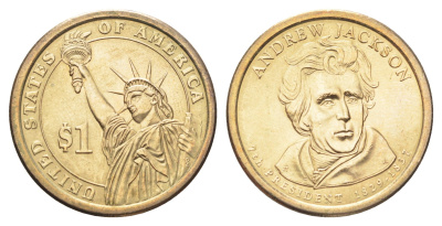 США 1 доллар 2008 D, Президент США - Эндрю Джексон (1829-1837) KM 428 медь с марганцево-латунным покрытием UNC 4703-1221