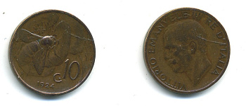 ИТАЛИЯ 10 ЧЕНТЕСИМО 1924 R ПЧЕЛА KM 60 медь 35-1251