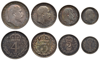 Великобритания набор из 4 монет 1903 1, 2, 3 и 4 пенса, Манди сет, в оригинальной коробке Spink 3985 серебро 00-803-58