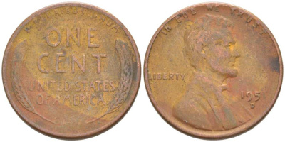 США 1 ЦЕНТ 1951 D, ЛИНКОЛЬН KM А132 медь цинк 218-238