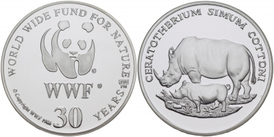 ЕВРОПА МЕДАЛЬ 1986 30 ЛЕТ WWF, НОСОРОГ, CERATOTHERIUM SIMUM COTTONI серебро PROOF 00-00