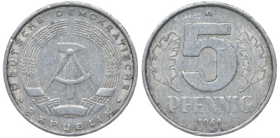 ГДР 5 ПФЕННИГОВ 1968 A KM 9.1 алюминий 62-216