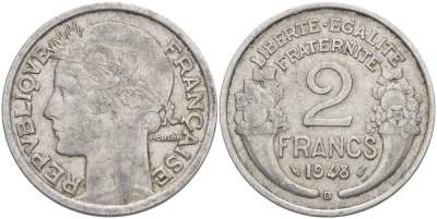 Франция 2 франка 1948 B, ТИП MORLON KM 886а.2, LE FRANC 269.13 алюминий 4545-916