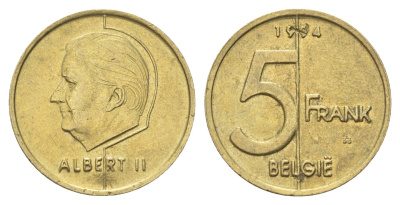 Бельгия 5 франков 1994 Belgie, Альберт II KM 190 алюминиевая бронза 4706-356