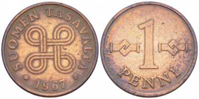 Финляндия 1 пенни 1967 KM 44 медь 3996-1031