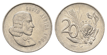 ЮАР 20 центов 1966 Ян ван Рибек (1619-1677), South Africa, легенда на английском, цветок протея KM 69.1 никель 4693-643