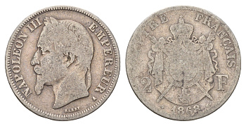 Франция 2 франка 1868 A, Наполеон III (1852-1870) KM 807.1 серебро 5010-2013