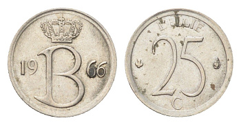 Бельгия 25 сантимов 1966 Belgie, Бодуэн I (1951-1993) KM 154 медно-никель 4705-345