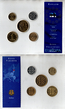Эстония набор из 5 монет (10, 20 и 50 сенти; 1 и 5 крон) 1992, 1994, 2001, 2002 и 2003 75 лет Банку Эстонии, в красочной упаковке с информацией о стране KM 22, 23a, 24, 30 и 35 UNC 2-6-3-109