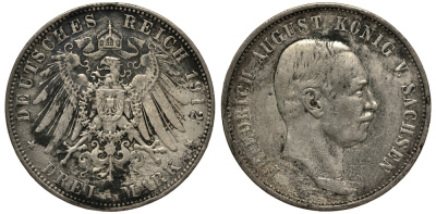 Саксония 3 марки 1912 E, Фридрих Август III (1904-1918) Weege 132, J. 135, KM 1267 серебро 3711-1344