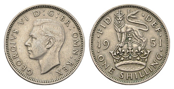 Великобритания 1 шиллинг 1951 Георг VI (1936-1952), Английский герб KM 876, Spink 4108 медно-никель 4695-732