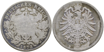 Германия 1 марка 1873 D, Weege 17, J. 9, KM 7 серебро 87-236