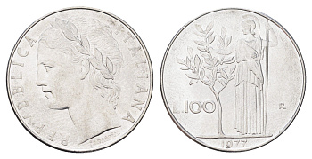 Италия 100 лир 1977 R, Афина в доспехах KM 96.1 нержавеющая сталь 4704-743