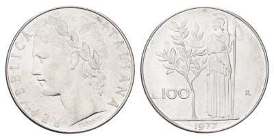 Италия 100 лир 1977 R, Афина в доспехах KM 96.1 нержавеющая сталь 4704-743