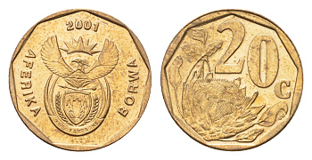 ЮАР 20 центов 2001 герб, цветок протея KM 225 сталь плакированная латунью UNC 4694-923