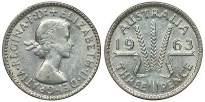 Австралия 3 пенса 1963 m, Елизавета II (1952-2022) KM 57 серебро 71-914