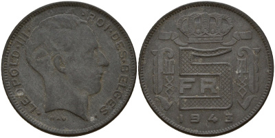 Бельгия 5 франков 1943 DES BELGES, Леопольд III (1934-1947) KM 130 цинк 4161-936