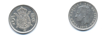 ИСПАНИЯ 5 ПЕСЕТ 1980 KM 807 медно-никель 54-1814