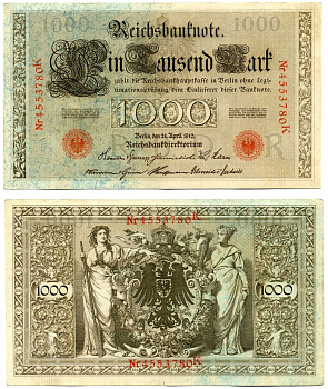 Германия 1000 марок 1910 21 апреля 1910, Буква R, номер семизначный, серия K, выпуск (08.1922) Pick 44b, Розенберг 45с бумага 8618-12-1-1