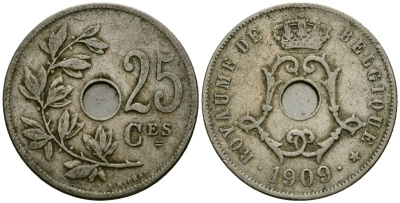 Бельгия 25 сантимов 1909 Belgique KM 62 медно-никель 4168-1213