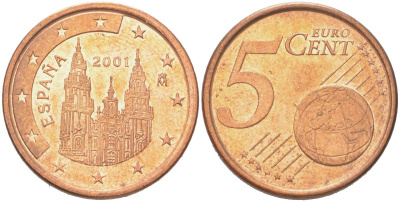 Испания 5 евроцентов 2001 KM 1042 сталь плакированная медью UNC 4614-729