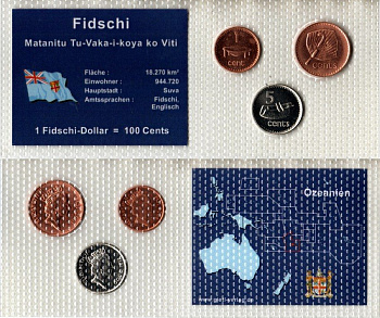 Фиджи набор из 3 монет (1, 2 и 5 центов) 2000, 2001 и 2006 в красочной упаковке с информацией о стране KM 49b, 50a и 51a UNC 5-4-1-60