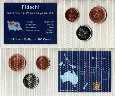 Фиджи набор из 3 монет (1, 2 и 5 центов) 2000, 2001 и 2006 в красочной упаковке с информацией о стране KM 49b, 50a и 51a UNC 5-4-1-60