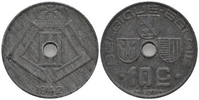 Бельгия 10 сантимов 1942 Belgique - Belgie, Леопольд III (1934-1947), германская оккупация, Вторая мировая война KM 125 цинк 4579-935