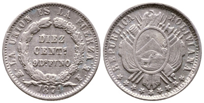 БОЛИВИЯ 10 СЕНТАВО 1874 FE KM 158.1 серебро 4178-213