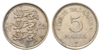 Эстония 5 марок 1922 год-тип KM 3 медно-никель 4686-1255