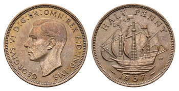 Великобритания 1/2 пенни 1937 Георг VI (1936-1952) KM 844, Spink 4115 бронза 4691-635